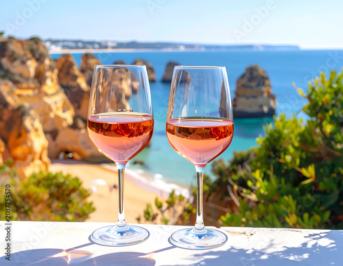 Two glasses of rose wine with a stunning coastal view of the Algarve, Portugal.