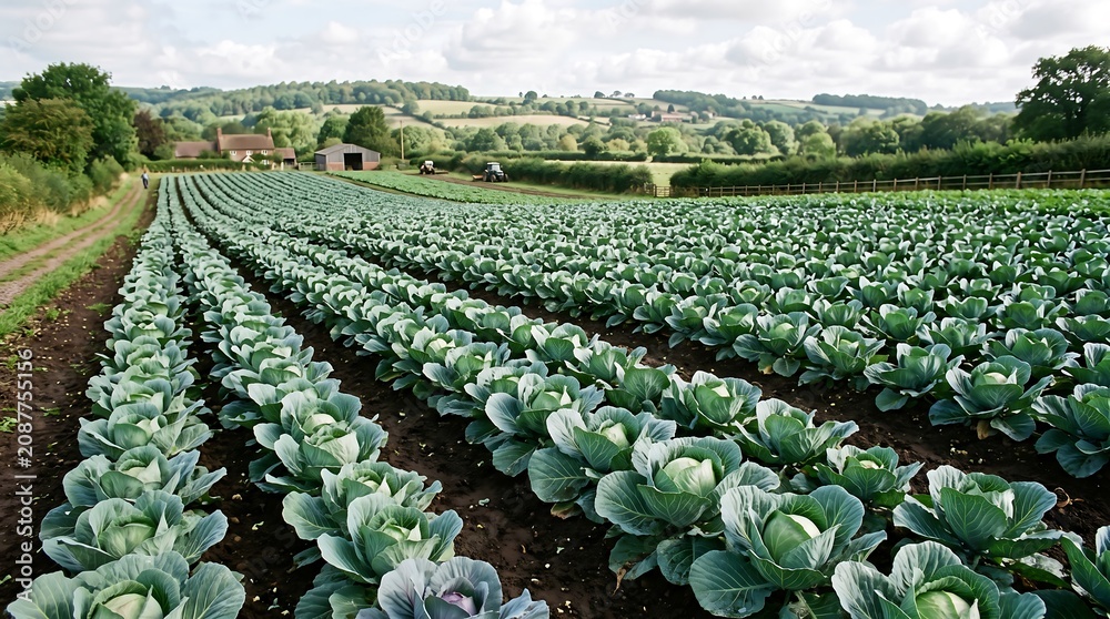 Fototapeta premium Rows of fresh green cabbage plants in fertile farm field under blue sky with white clouds, scenic rural landscape.