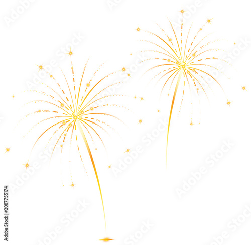 Vibrant Fireworks Display with Golden Stars and Bursts on a White Background for Celebrations and Festive Occasions