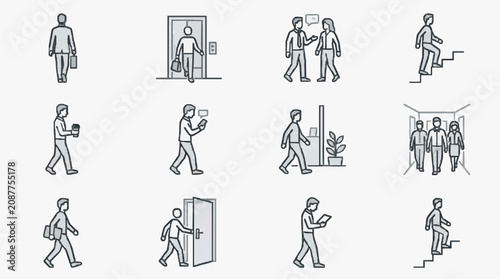 Modern Black and White Line of Office Worker Daily Routine and Activities in a Corporate Setting