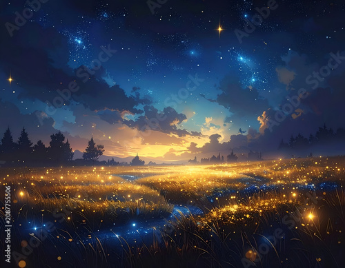 Enchanting Starry Night Over a Field of Lights.