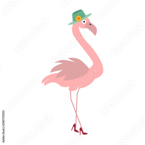Hand drawn cute pink flamingo wearing a green summer hat and red high heels vector illustration.
