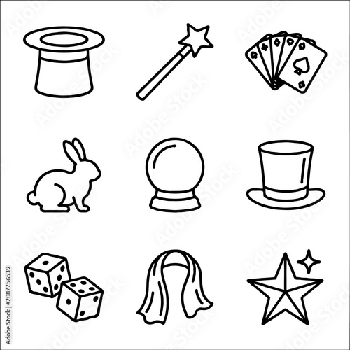Magic icons set: hat, wand, rabbit, cards, dice, crystal ball