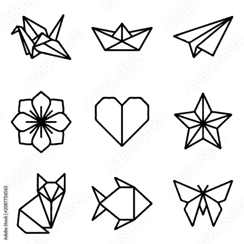 Origami animals and shapes line icons set