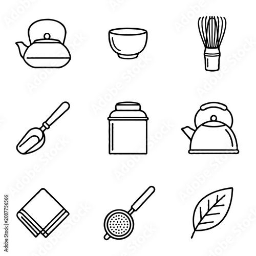 Matcha tea ceremony set icons
