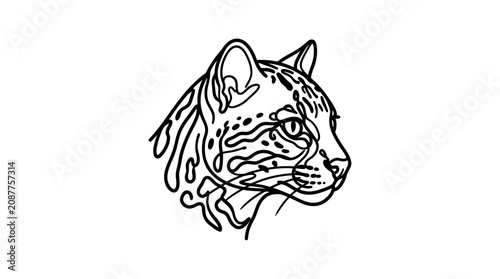 Photography Ocelot Head Silhouette, Wild Cat, Jungle Animal, Line Art Illustration