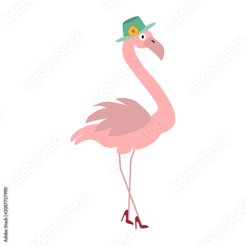 Hand drawn cute pink flamingo wearing a green summer hat and red high heels vector illustration.
