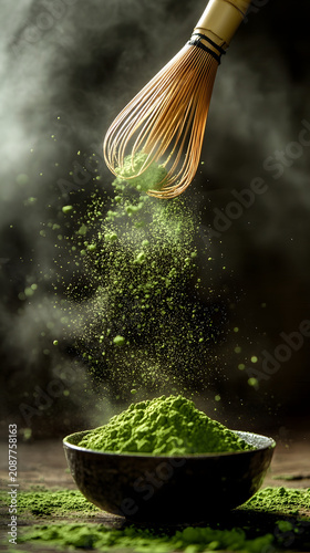 A traditional bamboo whisk gracefully sprinkles fine green matcha tea powder into a dark ceramic bowl, creating an atmospheric scene with rising mist and soft green light, highlighting the.
