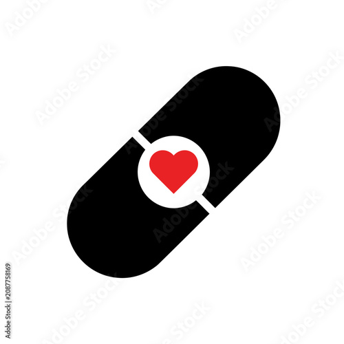Black Pill Capsule with Red Heart Medical Vector 
