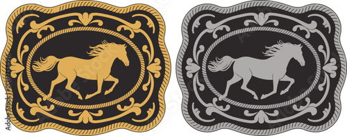 Horse belt buckle labels with western cowboy, rodeo, ranch, and equestrian motifs in gold and silver styles