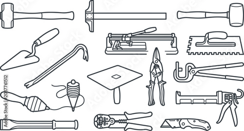 Photos Professional Masonry and Construction Hand Tool Outline Set with Bricklaying, Ti