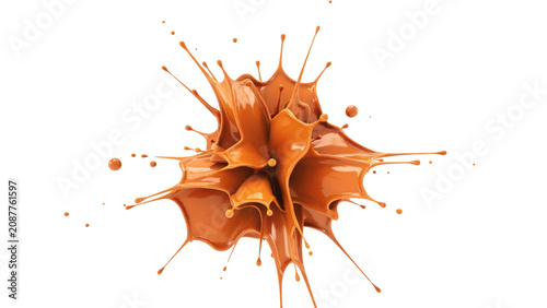 A dynamic explosion of thick caramel liquid splashing outwards in all directions against a solid black background, capturing fluid motion