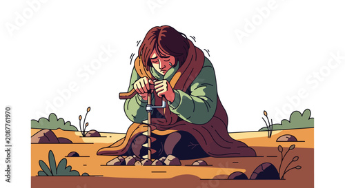 Person huddled in blanket drilling through frozen ground in barren landscape