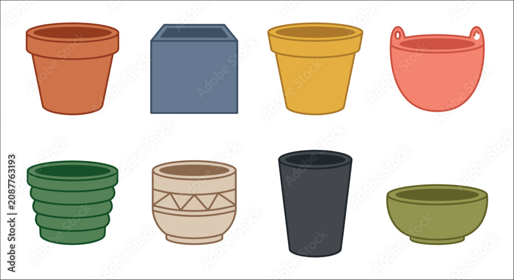 Fototapeta premium Assorted ceramic pots and vessels a colorful vector illustration on a white background