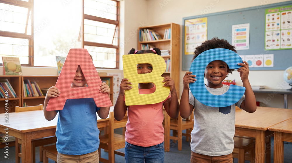 Obraz premium Children hold giant colorful ABC letters in bright classroom for early literacy preschool learning alphabet lesson friendship diversity playful education cheerful school portrait fun