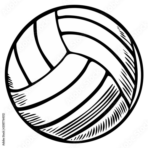 Black and white hand drawn illustration of a volleyball, sports equipment, vector art.