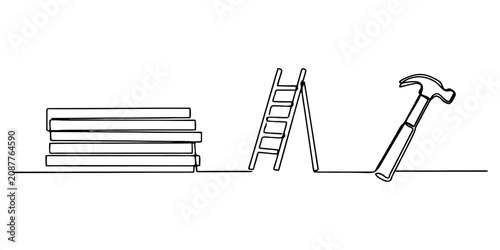 Continuous single line drawing of wooden planks ladder and hammer tools for construction and renovation work