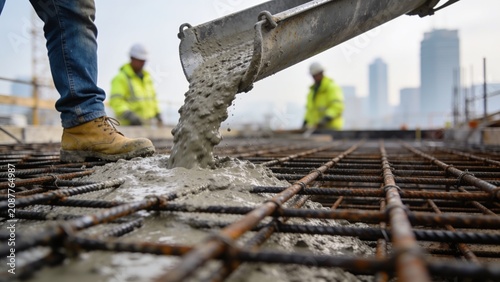 Metal chute pouring wet concrete onto steel rebar foundation at urban construction site with city skyline