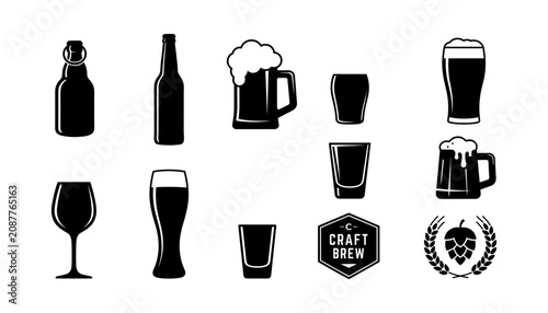 Tableau sur toile Beer Bottles and Glasses with Craft Brew Logo and Hop Wreath Featuring Bottle, G
