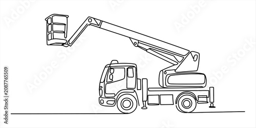 Black and white line art illustration of a hydraulic bucket truck with an extended crane arm used for construction and industrial utility work