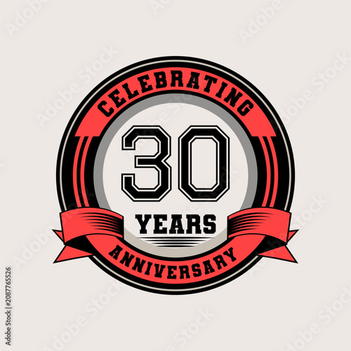 Celebrating 30 year anniversary logo vintage emblem with red ribbon, Retro vector design isolated on white background