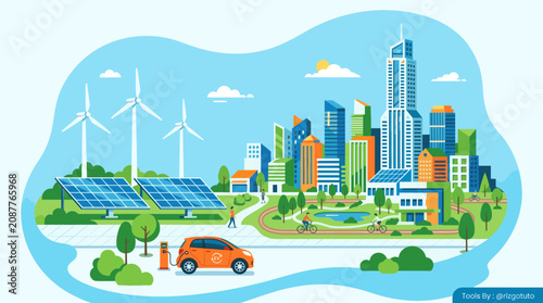 Eco friendly city with renewable energy infrastructure.