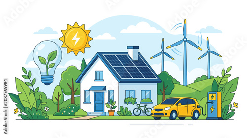 Eco friendly house with solar panels and electric car.