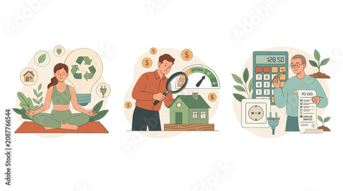 Sustainable living and green energy efficiency illustrations