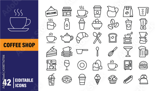 Quadro su tela Coffee shop and bakery icon set with cups pastries and cafe equipment