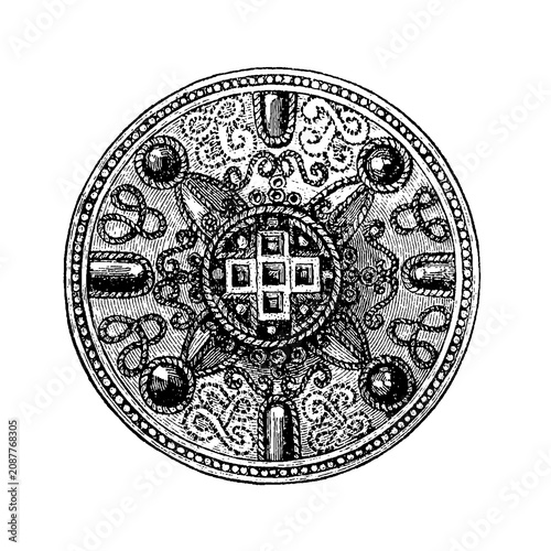 Foto Fibula from Tuttlingen (5th century) with geometric patterns and symbolic engravings, old vintage illustration, 1897