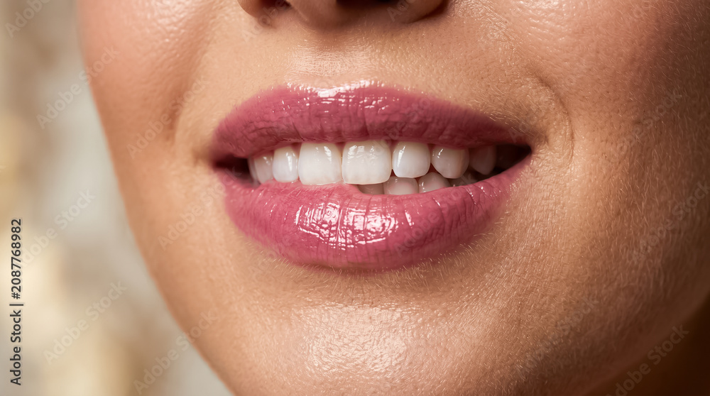 Obraz premium Close up portrait of a woman with glossy pink lipstick biting her lower lip showing perfect white straight healthy teeth