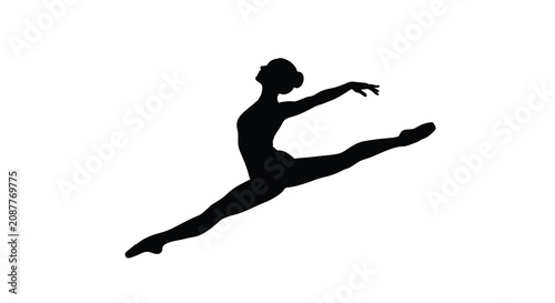 Bild auf Leinwand Ballet dancer in mid air split pose a black silhouette against a white backgroun