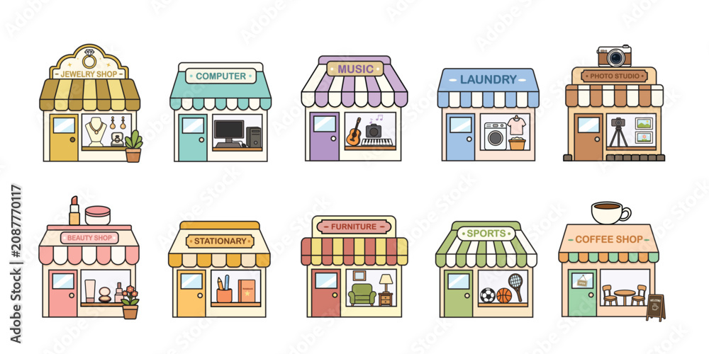 Naklejka premium Cute shop and storefront set illustration featuring jewelry shop, beauty shop, sports store and retail stores. 