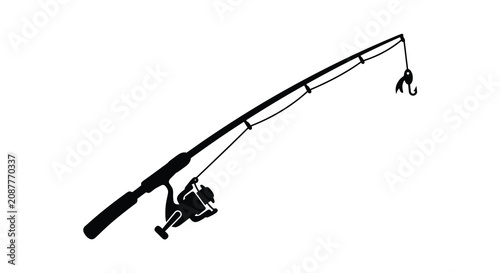 Photos Fishing rod with reel and hook presented as a black silhouette against a white b
