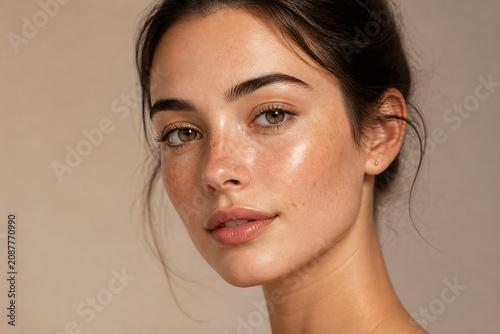 A young woman with brown hair and freckles is posing for a close-up portrait against a plain beige background.