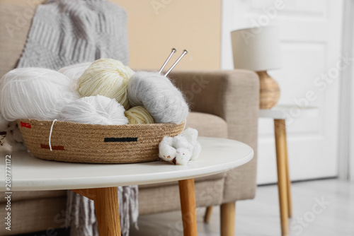 Basket with knitting yarn a...