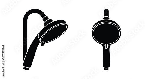 Obraz na plátně Two shower heads in black silhouette displaying side and front views against a w