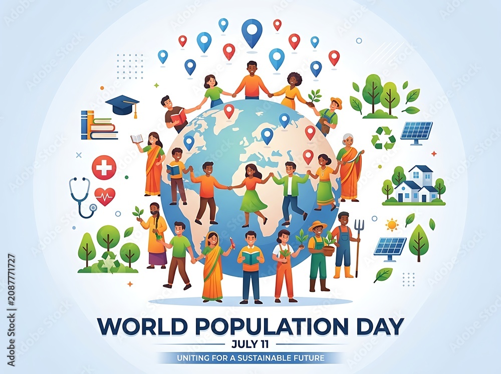 Fototapeta premium Colorful world population day illustration with diverse people holding hands around globe and sustainability icons