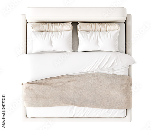 Modern White Bed with Beige Throw Isolated on Transparent Background