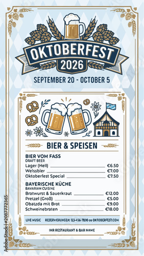 Oktoberfest Beer Festival Event Flyer — 
Bavarian Blue White Gold Restaurant Bar 
German Celebration Party Template 2026
