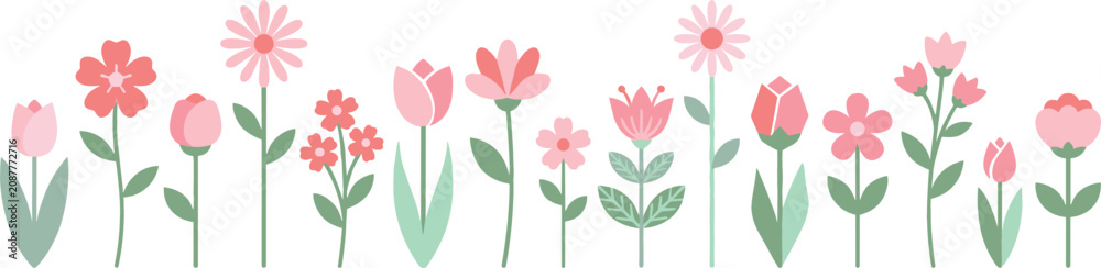 Fototapeta premium Flat Floral Border Set with Pastel Pink Flowers and Green Leaves Vector Illustration for Spring Greeting Card Designs