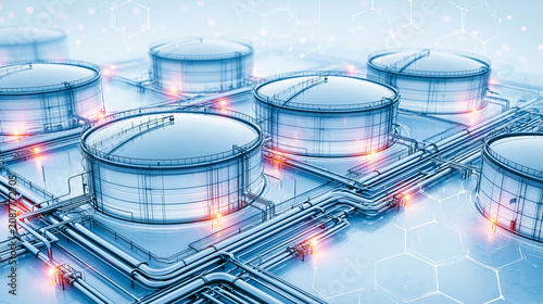 Digital illustration of futuristic industrial storage tanks connected by pipelines with glowing highlights and a hexagonal network overlay.