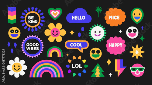 Bild auf Leinwand Collection Of Colorful Flat Icons Featuring Positive Messages Smiley Faces And F