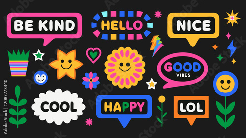 Photos Colorful Vector Illustration Of Positive Message Stickers With Flowers Stars And