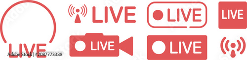 Fotografía Live streaming icons with red broadcast buttons, online stream symbols, and medi