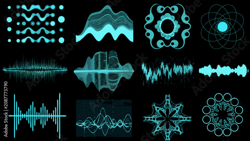 Photos Collection Of Teal Audio Waveforms And Circular Patterns On A Black Background V