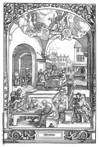 Fotografie Bustling 16th-century German city life with craftsmen, scholars, musicians, and market scene, old vintage illustration, 1894