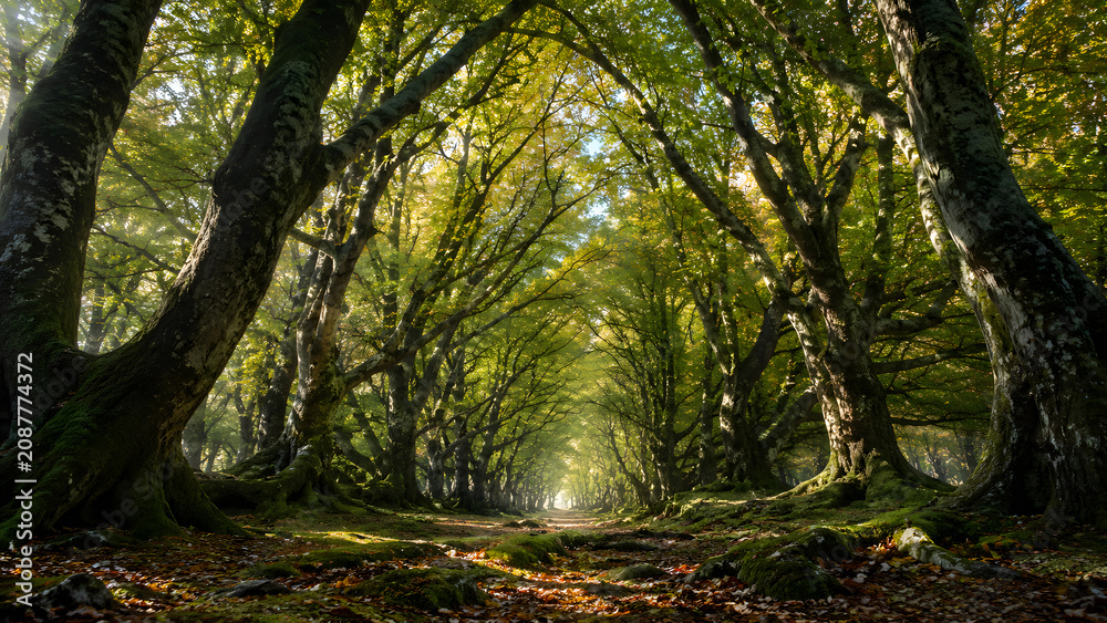 Obraz premium Green Forest Path with Dense Trees and Natural Light