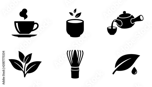 Cuadro en lienzo Tea Ceremony Icons: Matcha Whisk, Teapot, Cup, Leaves, Hot Drink, Droplet, Vecto