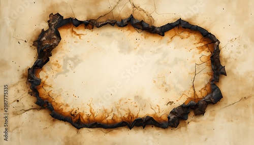 Aged parchment with a dramatic burnt border, creating a vintage and distressed frame perfect for historical documents, grunge designs, or impactful backgrounds